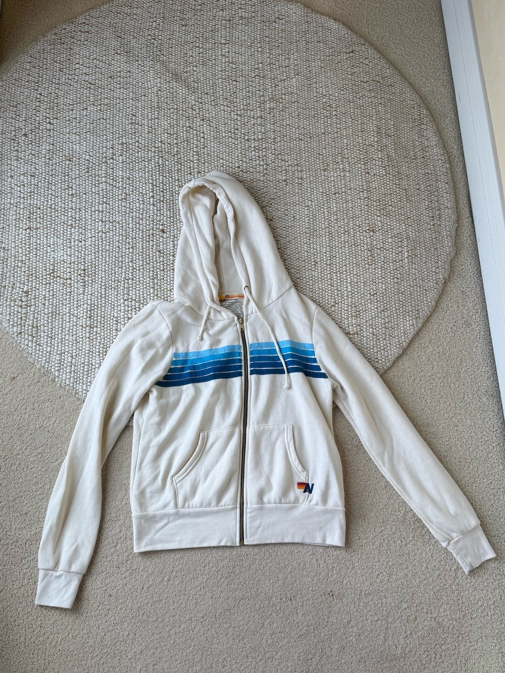 Aviator Nation Cream Zip-Up Hoodie with Blue Gradient Stripes